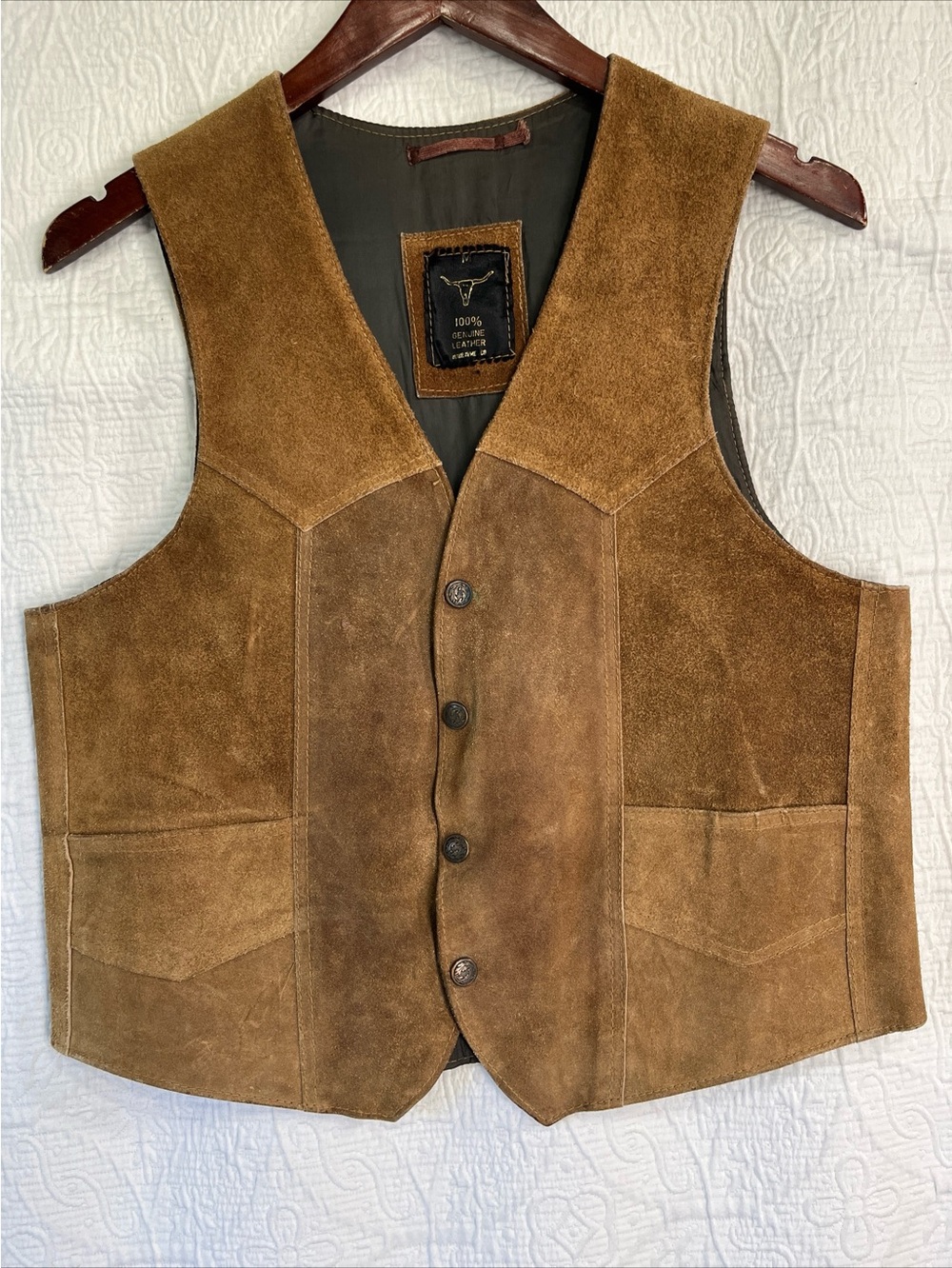Vintage Rawhide Rough Out Leather Vest Western Waistcoat Mens S M Snap Cowboy